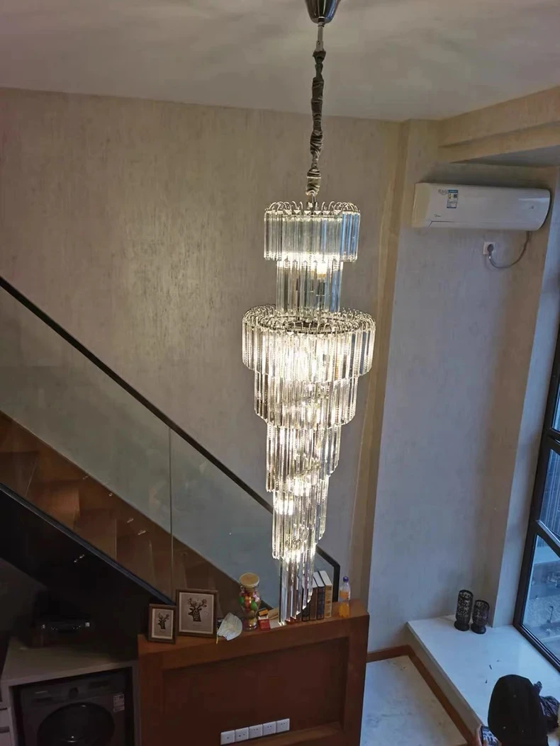 Long Crystal Staircase Gold Chandelier Modern Loft Crystal Lamp Luxury Villa Hotel Hall Living Room Large Chandelier Home Decor