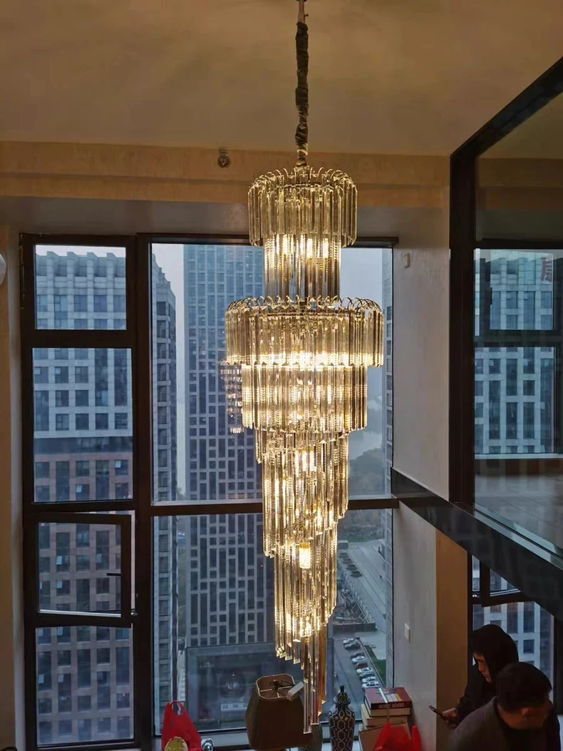 Long Crystal Staircase Gold Chandelier Modern Loft Crystal Lamp Luxury Villa Hotel Hall Living Room Large Chandelier Home Decor