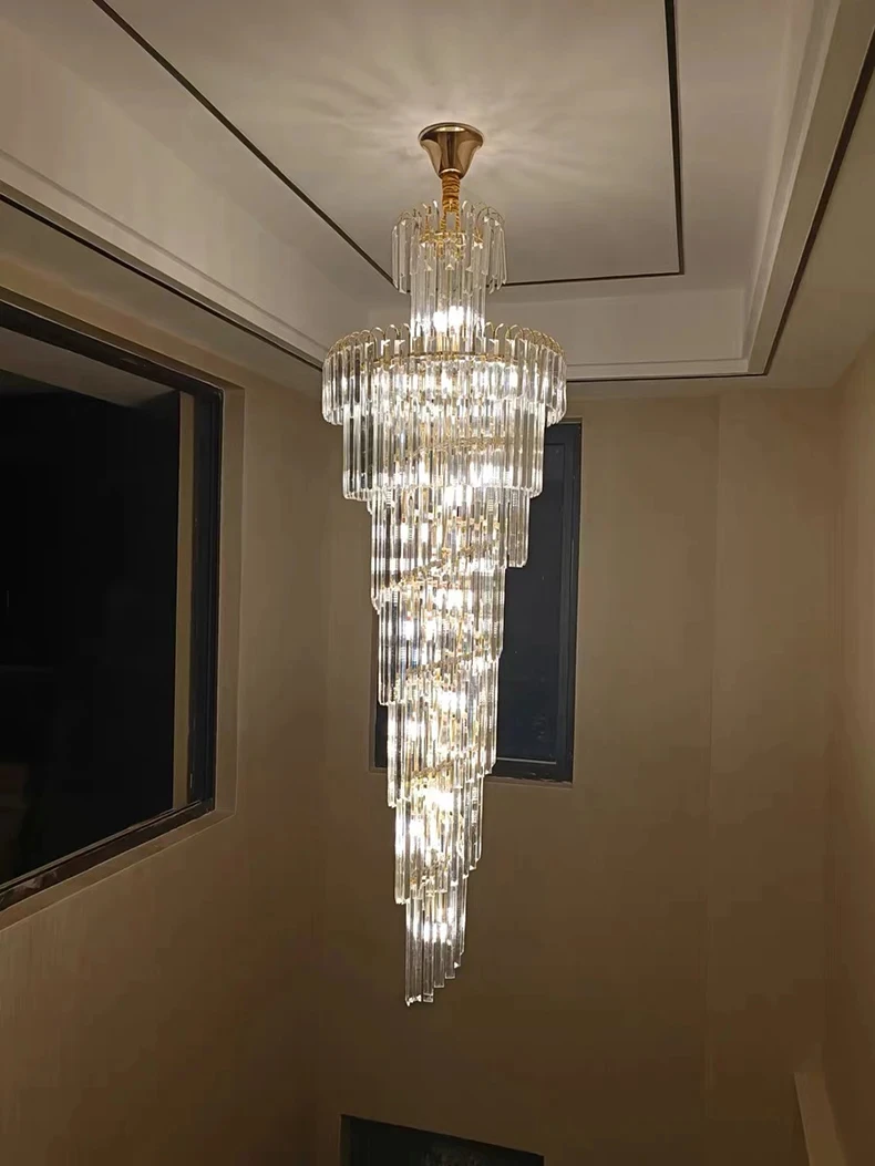 Long Crystal Staircase Gold Chandelier Modern Loft Crystal Lamp Luxury Villa Hotel Hall Living Room Large Chandelier Home Decor