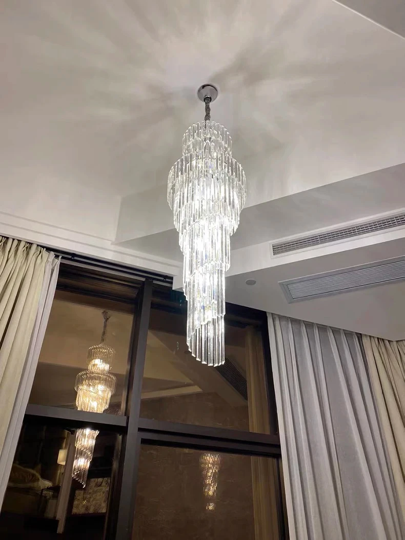 Long Crystal Staircase Gold Chandelier Modern Loft Crystal Lamp Luxury Villa Hotel Hall Living Room Large Chandelier Home Decor
