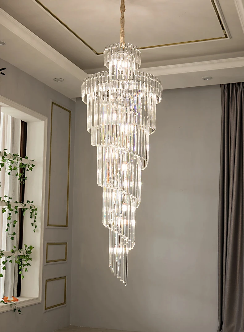 Long Crystal Staircase Gold Chandelier Modern Loft Crystal Lamp Luxury Villa Hotel Hall Living Room Large Chandelier Home Decor