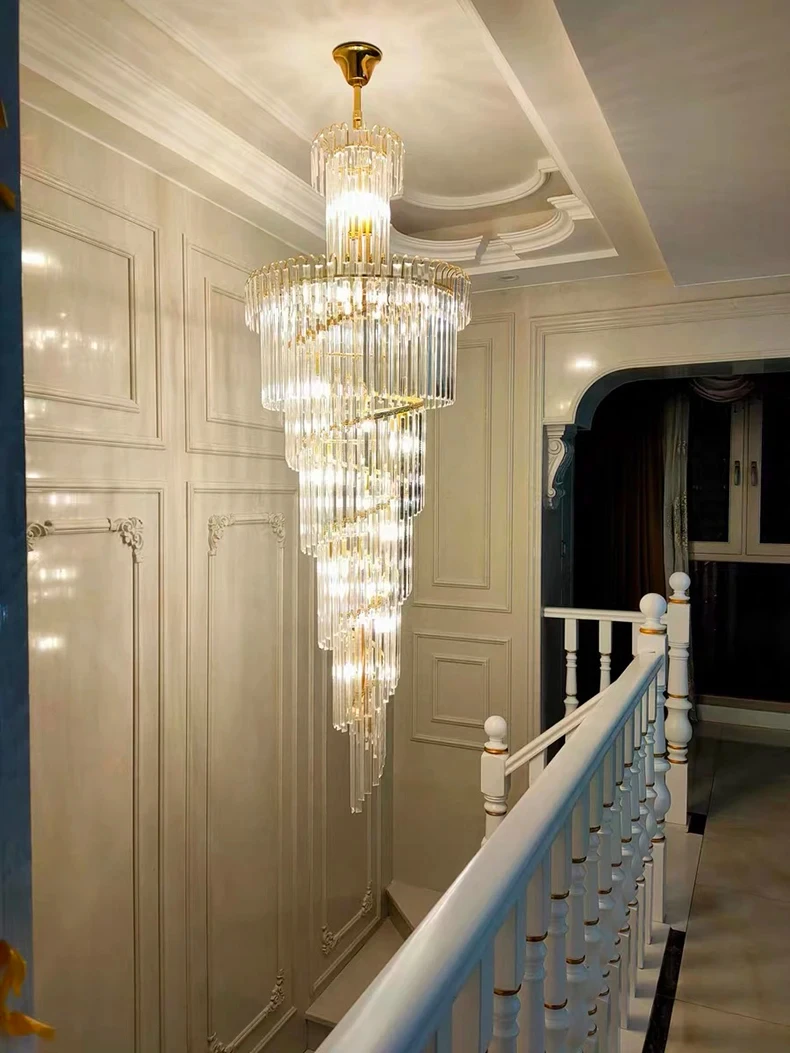 Long Crystal Staircase Gold Chandelier Modern Loft Crystal Lamp Luxury Villa Hotel Hall Living Room Large Chandelier Home Decor