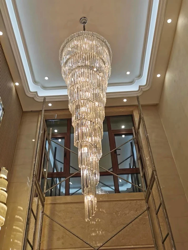 Long Crystal Staircase Gold Chandelier Modern Loft Crystal Lamp Luxury Villa Hotel Hall Living Room Large Chandelier Home Decor