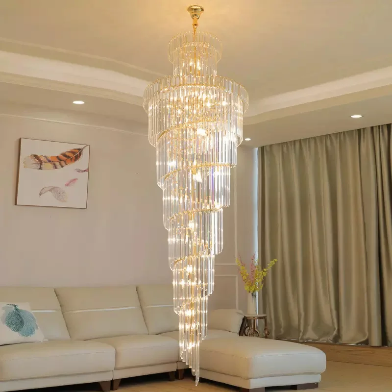 Long Crystal Staircase Gold Chandelier Modern Loft Crystal Lamp Luxury Villa Hotel Hall Living Room Large Chandelier Home Decor