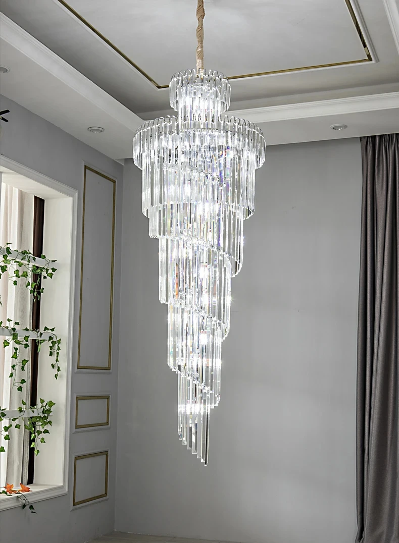 Long Crystal Staircase Gold Chandelier Modern Loft Crystal Lamp Luxury Villa Hotel Hall Living Room Large Chandelier Home Decor