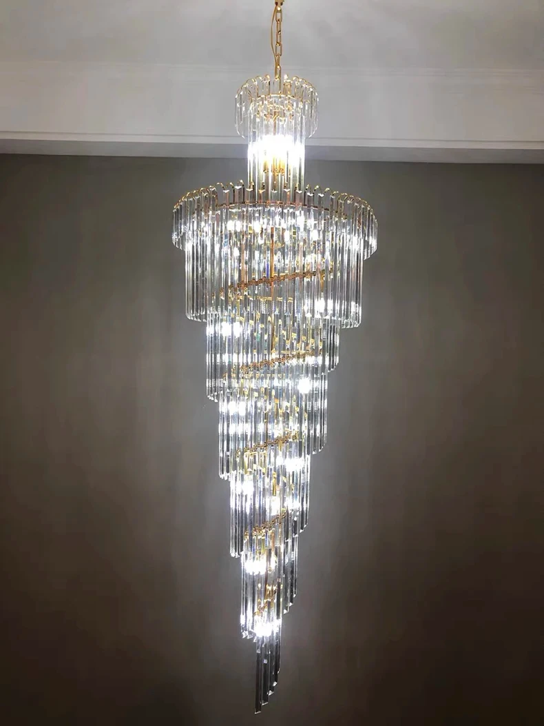 Long Crystal Staircase Gold Chandelier Modern Loft Crystal Lamp Luxury Villa Hotel Hall Living Room Large Chandelier Home Decor