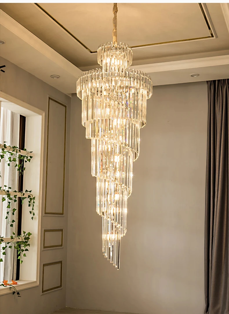 Long Crystal Staircase Gold Chandelier Modern Loft Crystal Lamp Luxury Villa Hotel Hall Living Room Large Chandelier Home Decor