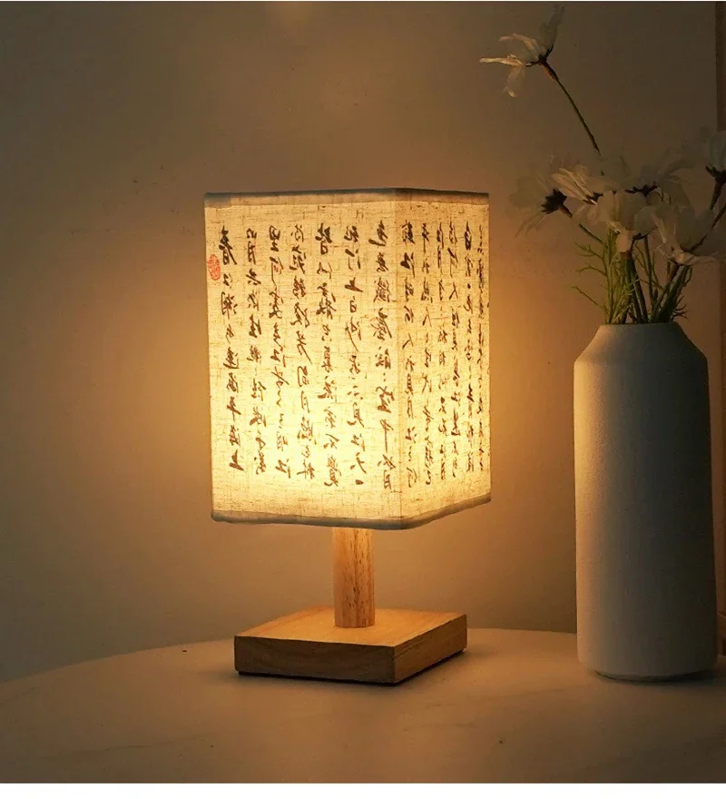 LED Simple Decorative Table Lamp Plug in Night Light Fabric Lampshade Square Chinese Style Bedside Desk Light for Bedroom Decor