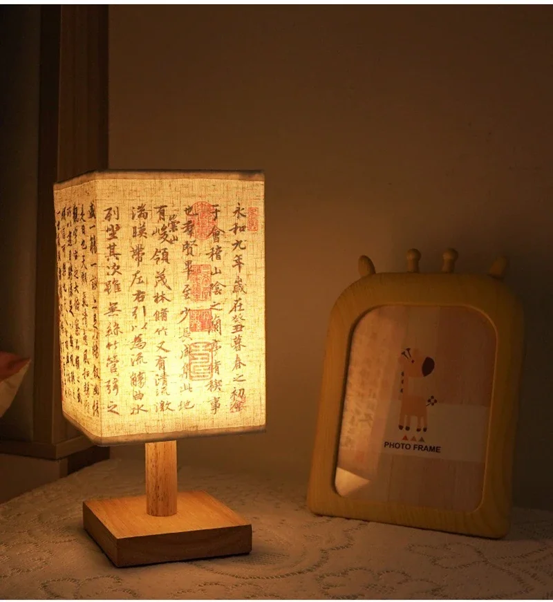 LED Simple Decorative Table Lamp Plug in Night Light Fabric Lampshade Square Chinese Style Bedside Desk Light for Bedroom Decor
