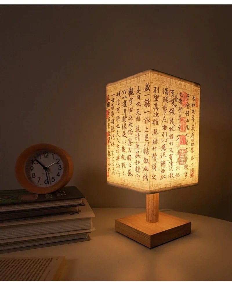 LED Simple Decorative Table Lamp Plug in Night Light Fabric Lampshade Square Chinese Style Bedside Desk Light for Bedroom Decor