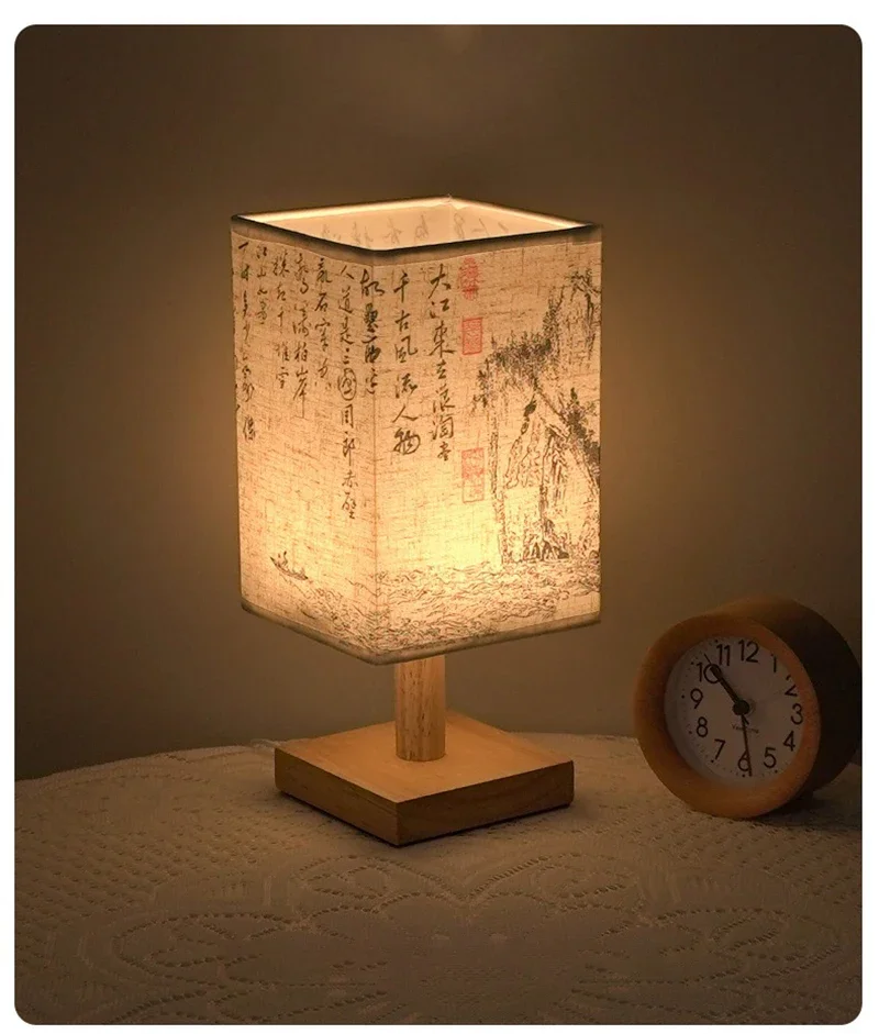 LED Simple Decorative Table Lamp Plug in Night Light Fabric Lampshade Square Chinese Style Bedside Desk Light for Bedroom Decor