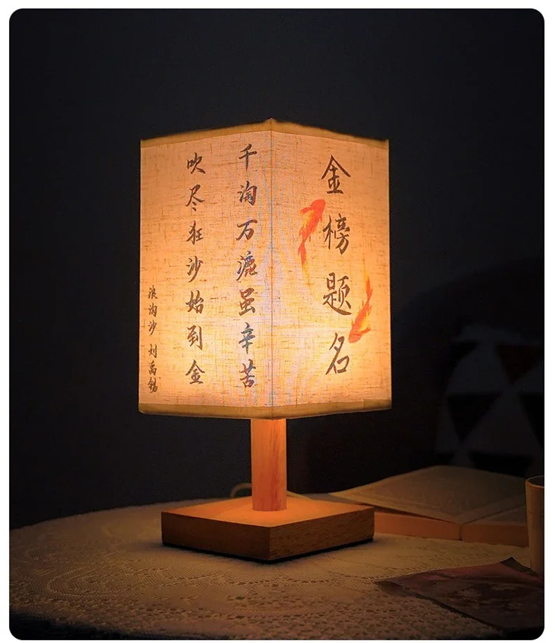 LED Simple Decorative Table Lamp Plug in Night Light Fabric Lampshade Square Chinese Style Bedside Desk Light for Bedroom Decor
