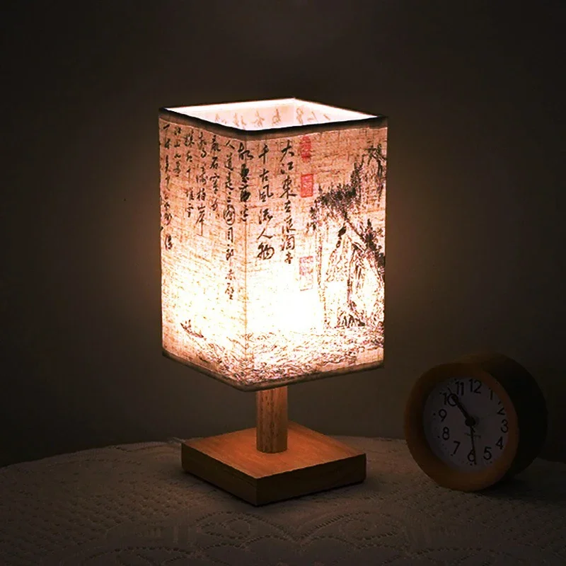 LED Simple Decorative Table Lamp Plug in Night Light Fabric Lampshade Square Chinese Style Bedside Desk Light for Bedroom Decor