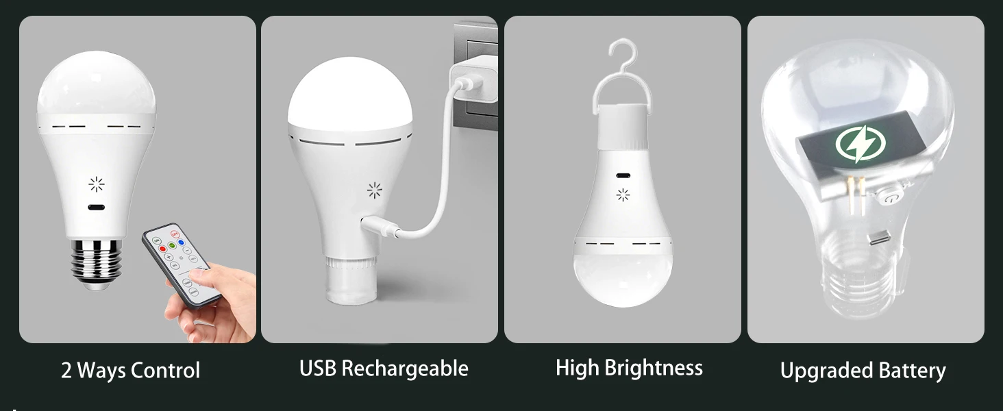 USB-C E27 Rechargeable LED Bulb Wireless Remote Control Battery Operated Dimmable Light with Timer