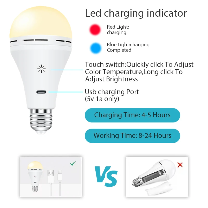 USB-C E27 Rechargeable LED Bulb Wireless Remote Control Battery Operated Dimmable Light with Timer