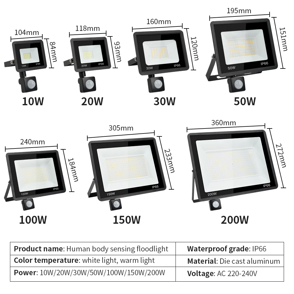 LED Floodlight PIR Motion Sensor Outdoor Light 20W 30W 50W 100W  200W AC220V Waterproof Outdoor Projector Spotlight For Garden