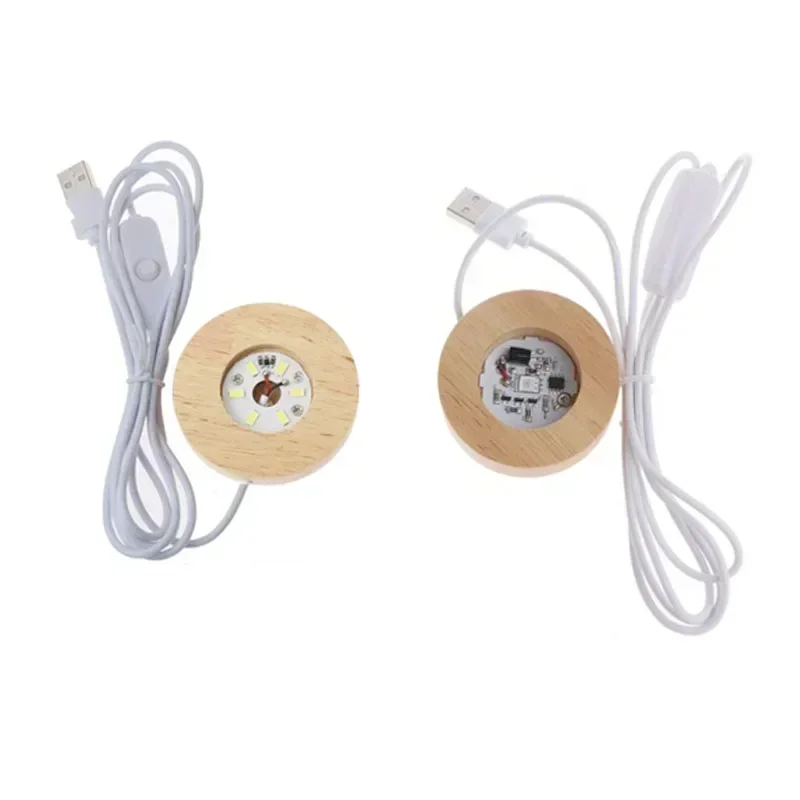 6cm/8cm Wooden LED Display Bases Round LED Light Stands with USB Cable Warm White/RGB Night Light Artistic Crystal Glass Stand