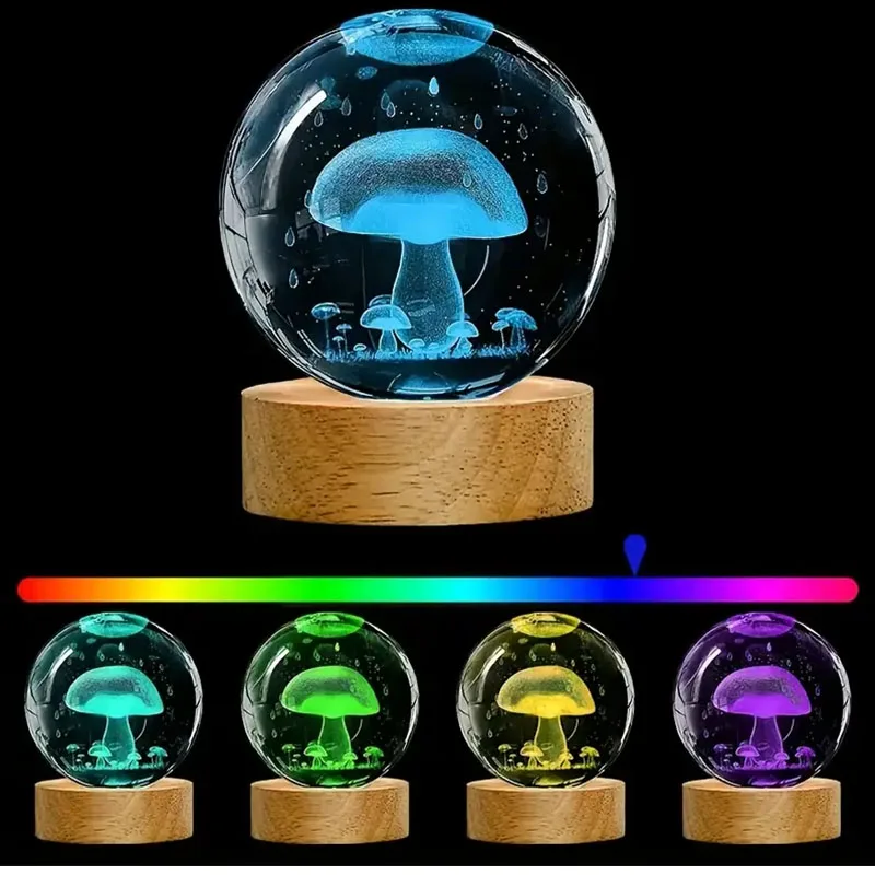 6cm/8cm Wooden LED Display Bases Round LED Light Stands with USB Cable Warm White/RGB Night Light Artistic Crystal Glass Stand