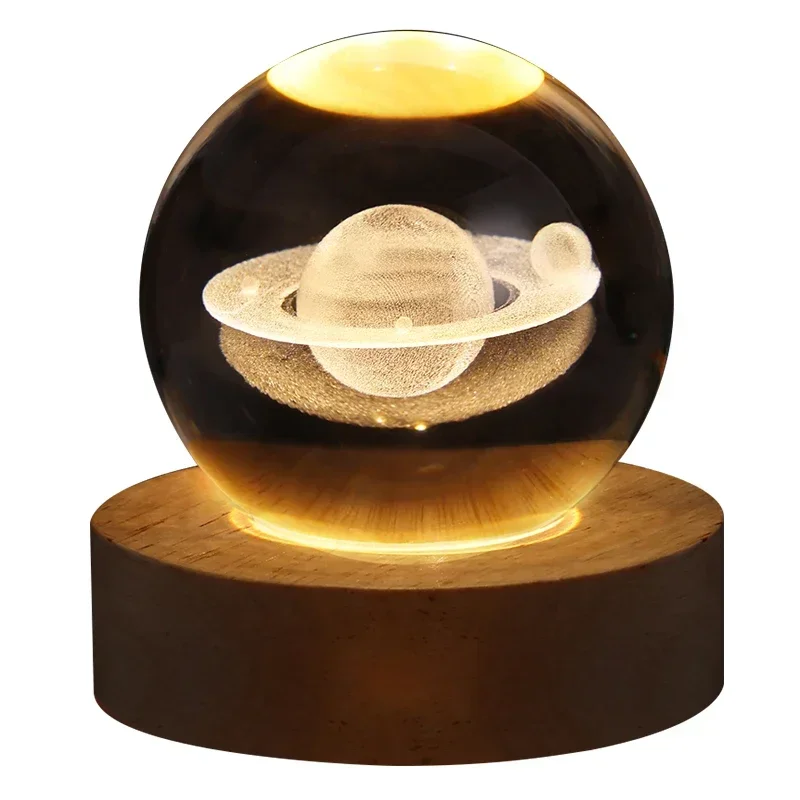 6cm/8cm Wooden LED Display Bases Round LED Light Stands with USB Cable Warm White/RGB Night Light Artistic Crystal Glass Stand