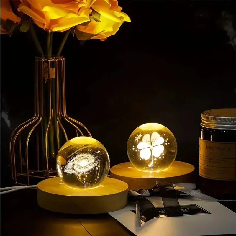 6cm/8cm Wooden LED Display Bases Round LED Light Stands with USB Cable Warm White/RGB Night Light Artistic Crystal Glass Stand