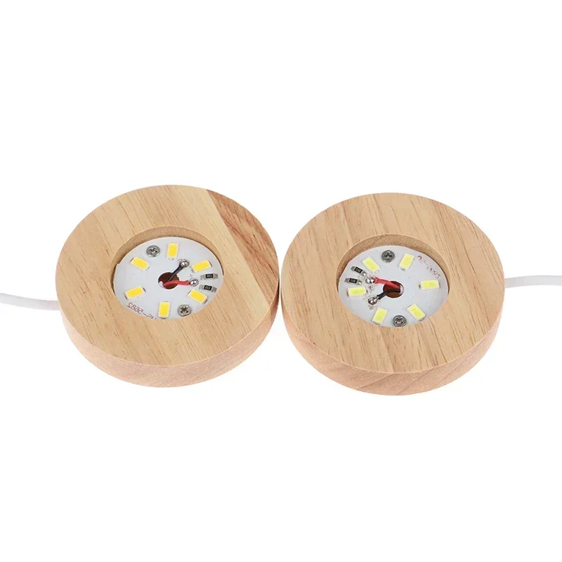 6cm/8cm Wooden LED Display Bases Round LED Light Stands with USB Cable Warm White/RGB Night Light Artistic Crystal Glass Stand