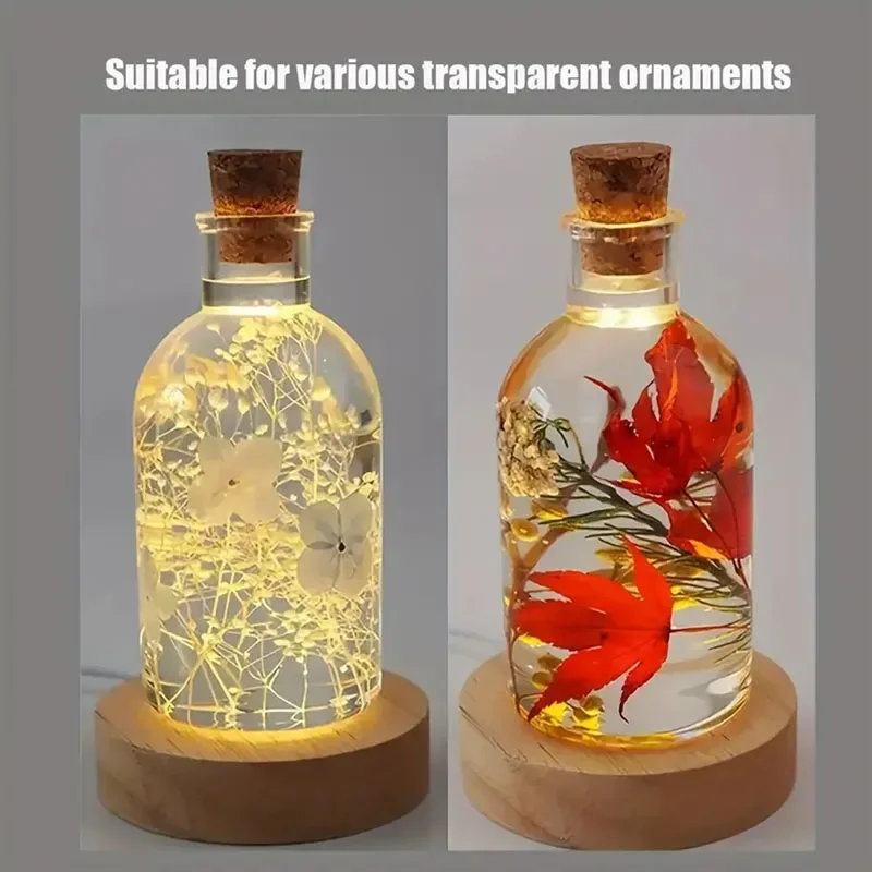 6cm/8cm Wooden LED Display Bases Round LED Light Stands with USB Cable Warm White/RGB Night Light Artistic Crystal Glass Stand