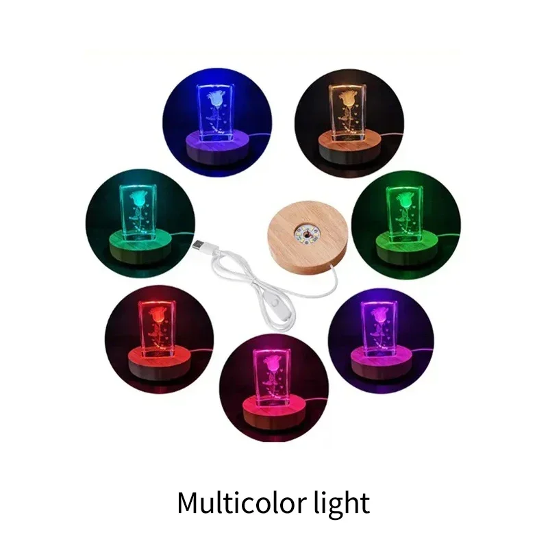 6cm/8cm Wooden LED Display Bases Round LED Light Stands with USB Cable Warm White/RGB Night Light Artistic Crystal Glass Stand