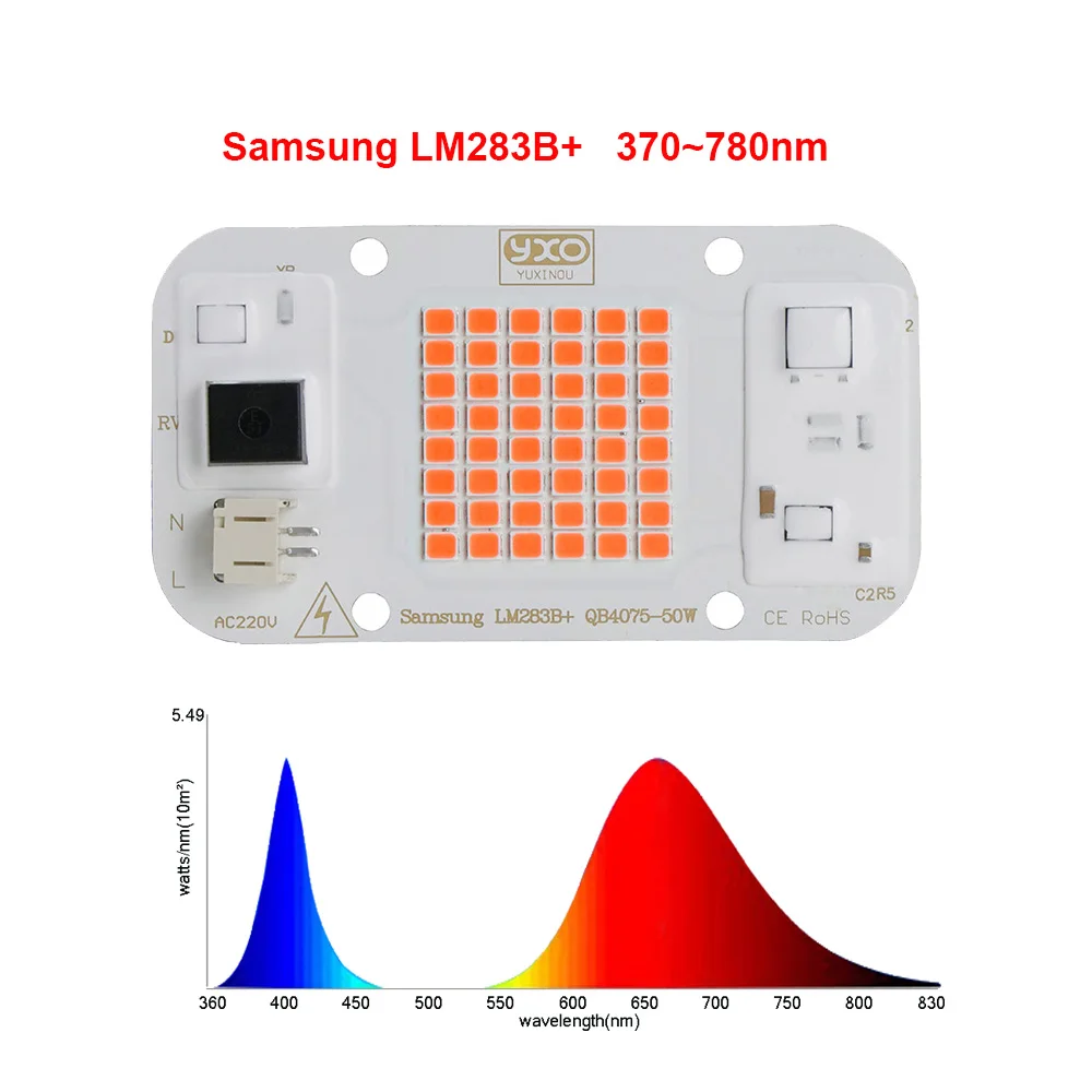 YXO Hydroponice AC 220V 20w 30w 50w Dob Cob LED Grow Light Chip Full Spectrum 380nm-780nm For Indoor Plant Seedling Grow Flower