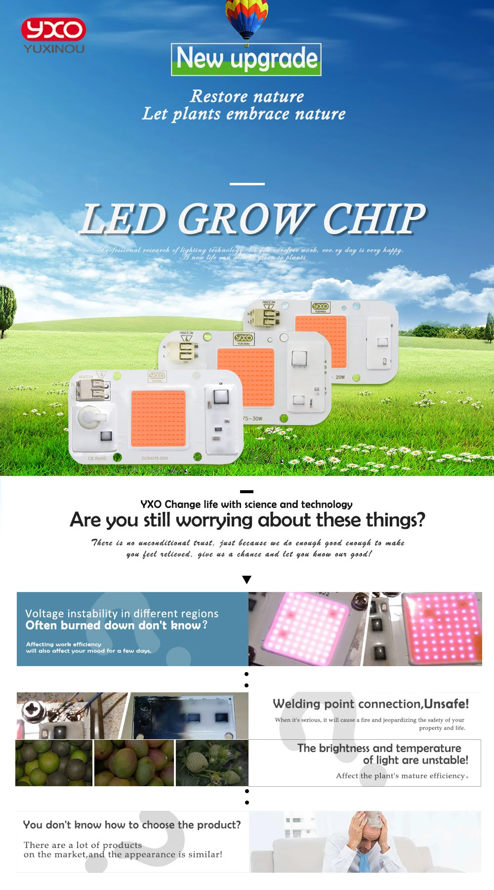 YXO Hydroponice AC 220V 20w 30w 50w Dob Cob LED Grow Light Chip Full Spectrum 380nm-780nm For Indoor Plant Seedling Grow Flower