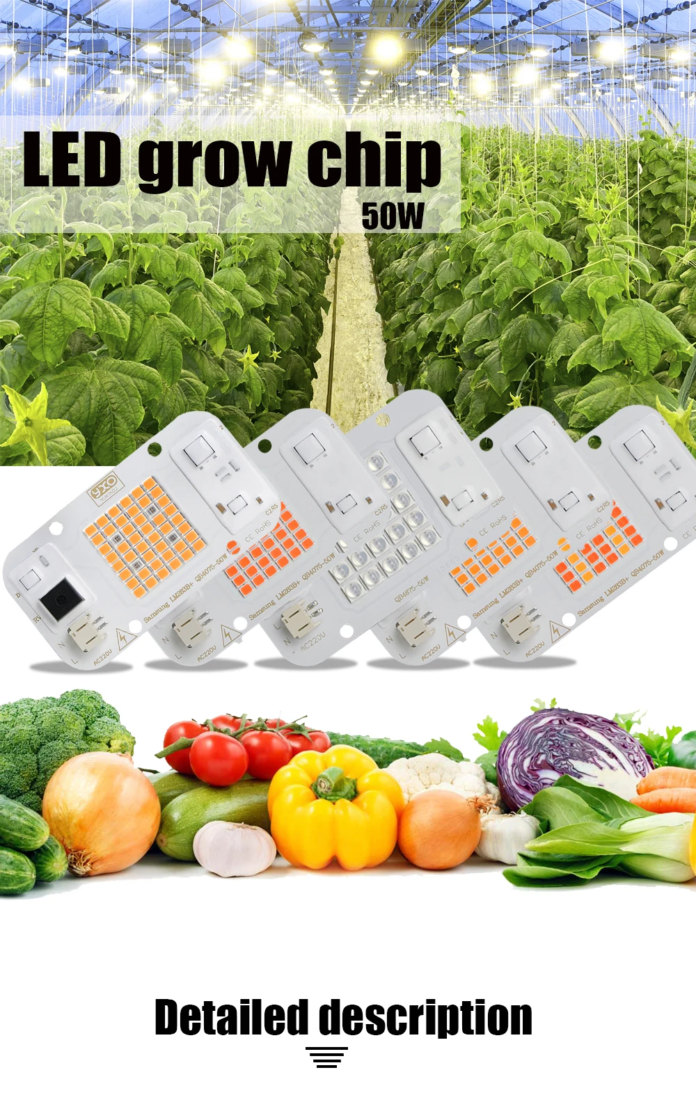 YXO Hydroponice AC 220V 20w 30w 50w Dob Cob LED Grow Light Chip Full Spectrum 380nm-780nm For Indoor Plant Seedling Grow Flower