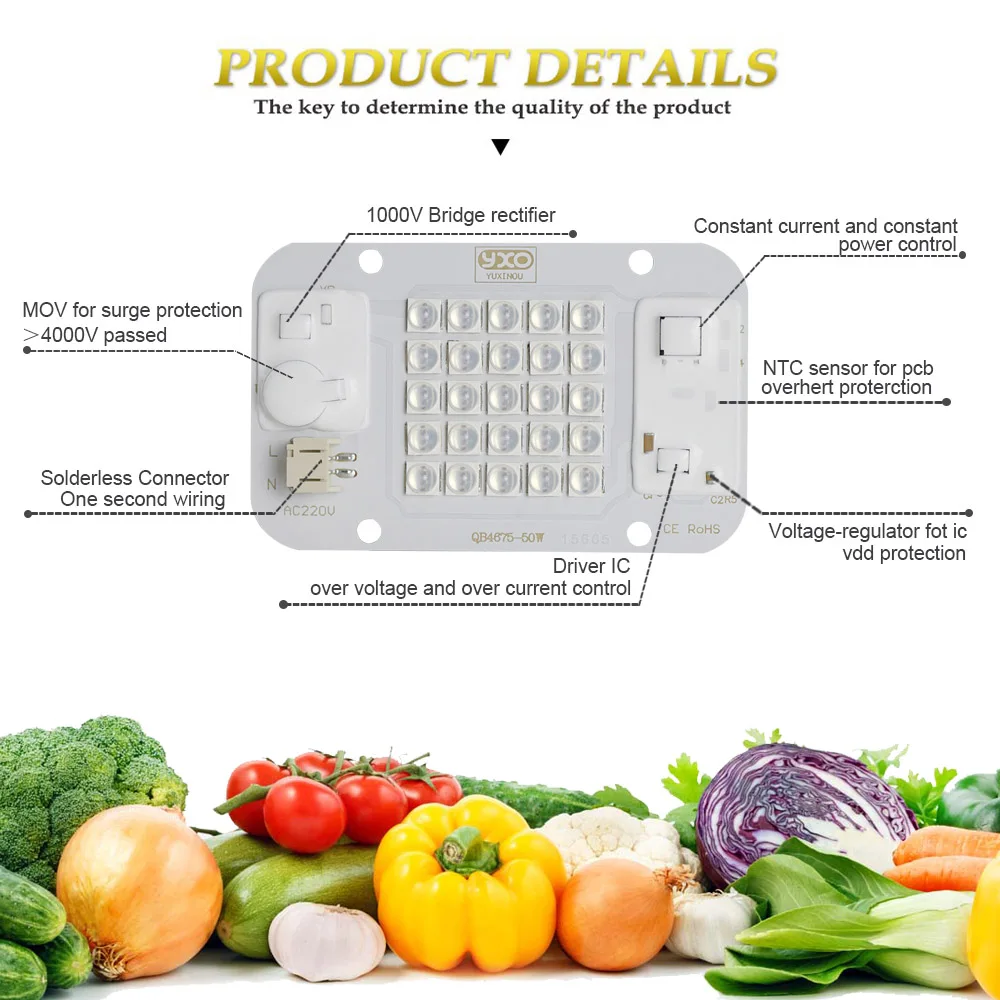 YXO Hydroponice AC 220V 20w 30w 50w Dob Cob LED Grow Light Chip Full Spectrum 380nm-780nm For Indoor Plant Seedling Grow Flower
