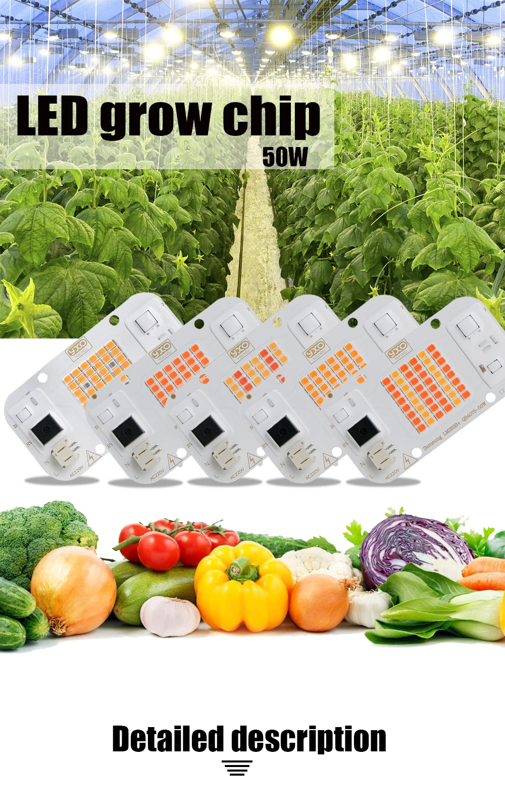 YXO Hydroponice AC 220V 20w 30w 50w Dob Cob LED Grow Light Chip Full Spectrum 380nm-780nm For Indoor Plant Seedling Grow Flower
