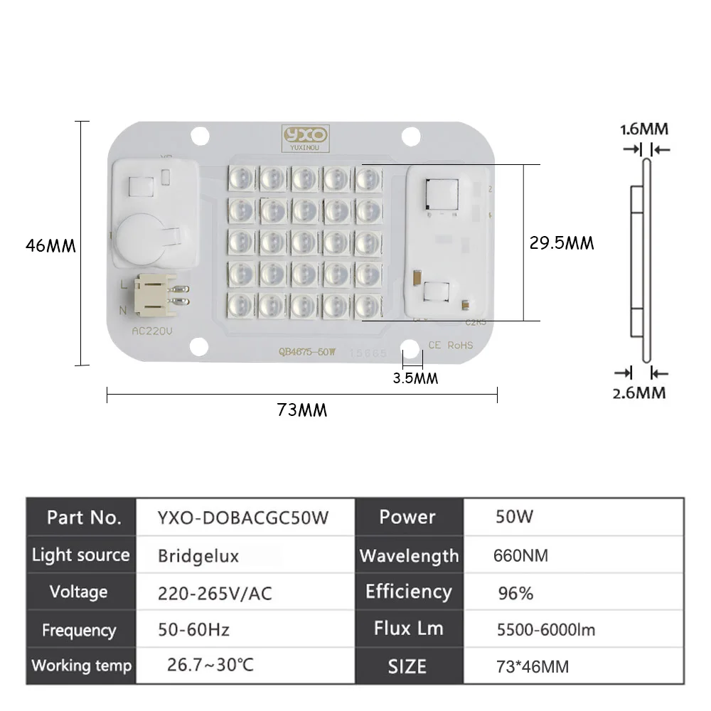YXO Hydroponice AC 220V 20w 30w 50w Dob Cob LED Grow Light Chip Full Spectrum 380nm-780nm For Indoor Plant Seedling Grow Flower