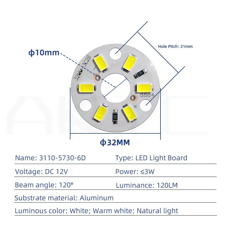 10 Pcs New Highlight LED Light Board DC 12V 3W SMD5730 6LEDs Light Source Aluminum Panel Round Dia 32mm Warm White Natural Light