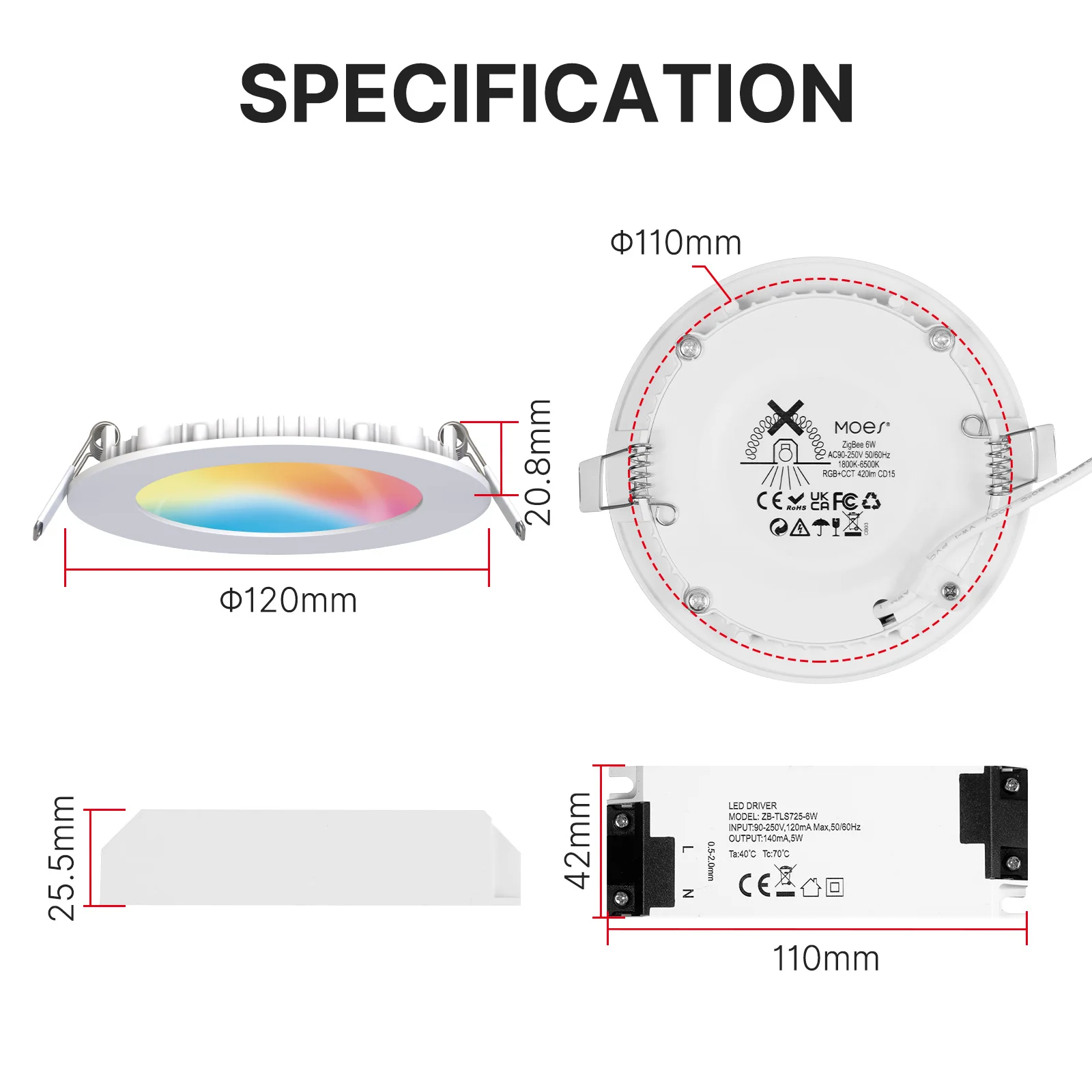 MOES ZigBee Downlight Tuya Ultra Thin Tube Lamp Spot Lamp 6W RGB Change Warm Cool Light Work with Alexa Google Home Smart Life
