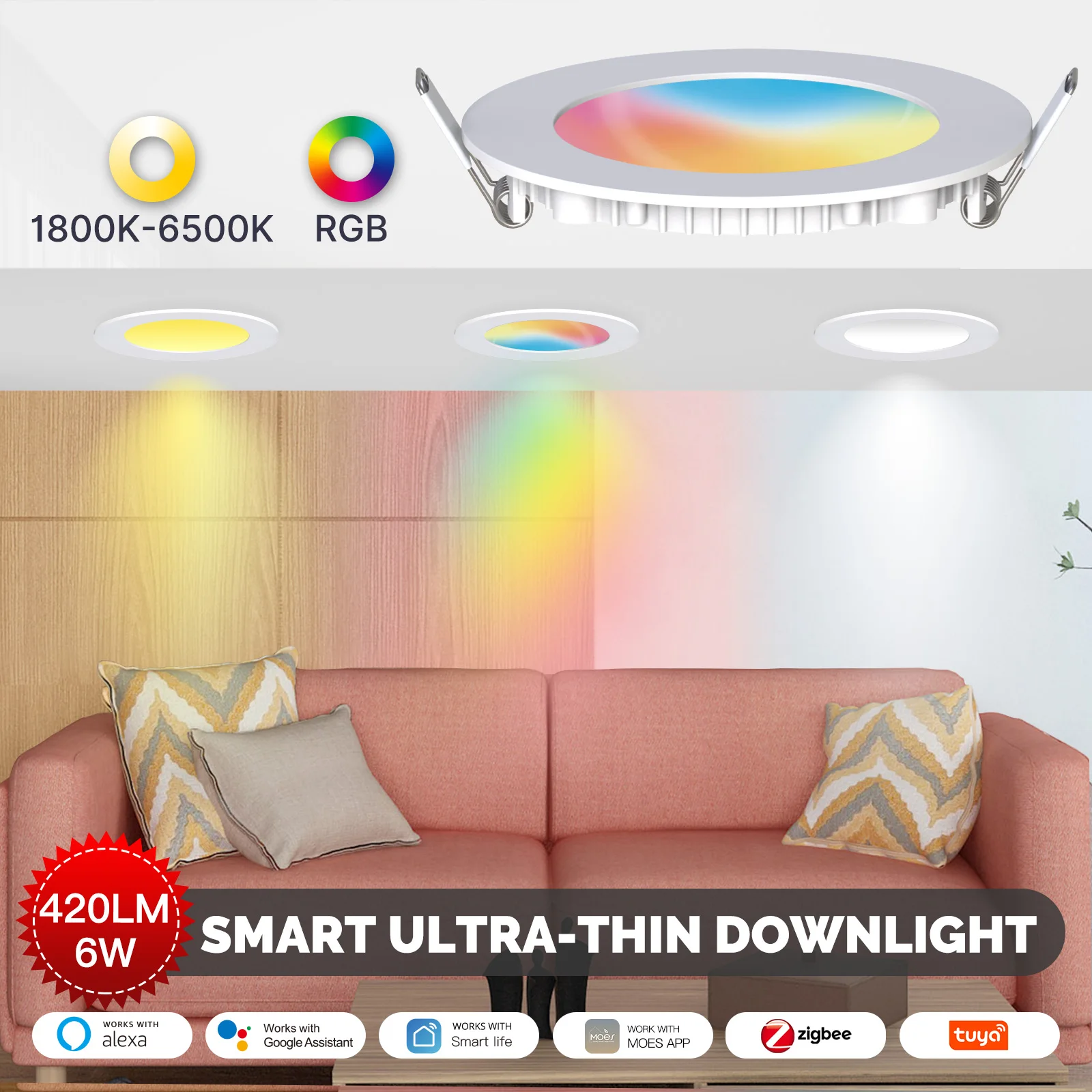 MOES ZigBee Downlight Tuya Ultra Thin Tube Lamp Spot Lamp 6W RGB Change Warm Cool Light Work with Alexa Google Home Smart Life