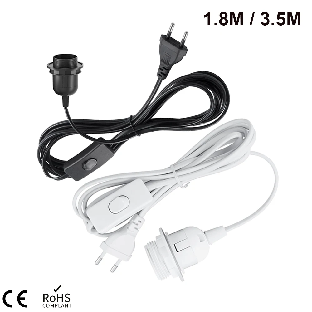 1.8m 3.5m 6m Power Cord Cables E26 E27 Half Teeth Lamp Base Holder With Switch Wire EU Plug For Pendant Led Bulbs Fixture