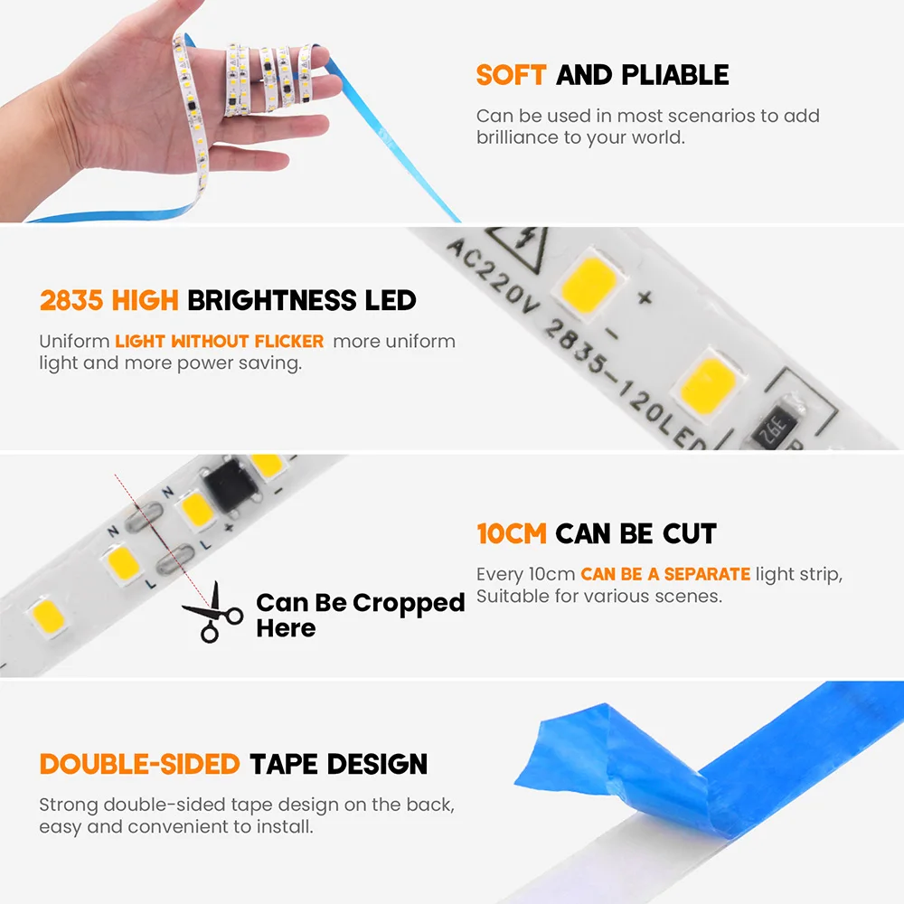 5m 10m 20m 50m Led Strip Light Waterproof IP44 220V 230V SMD 2835 120LED Flexible Led Ribbon Tape Lamp 9 Colors Home Decoration
