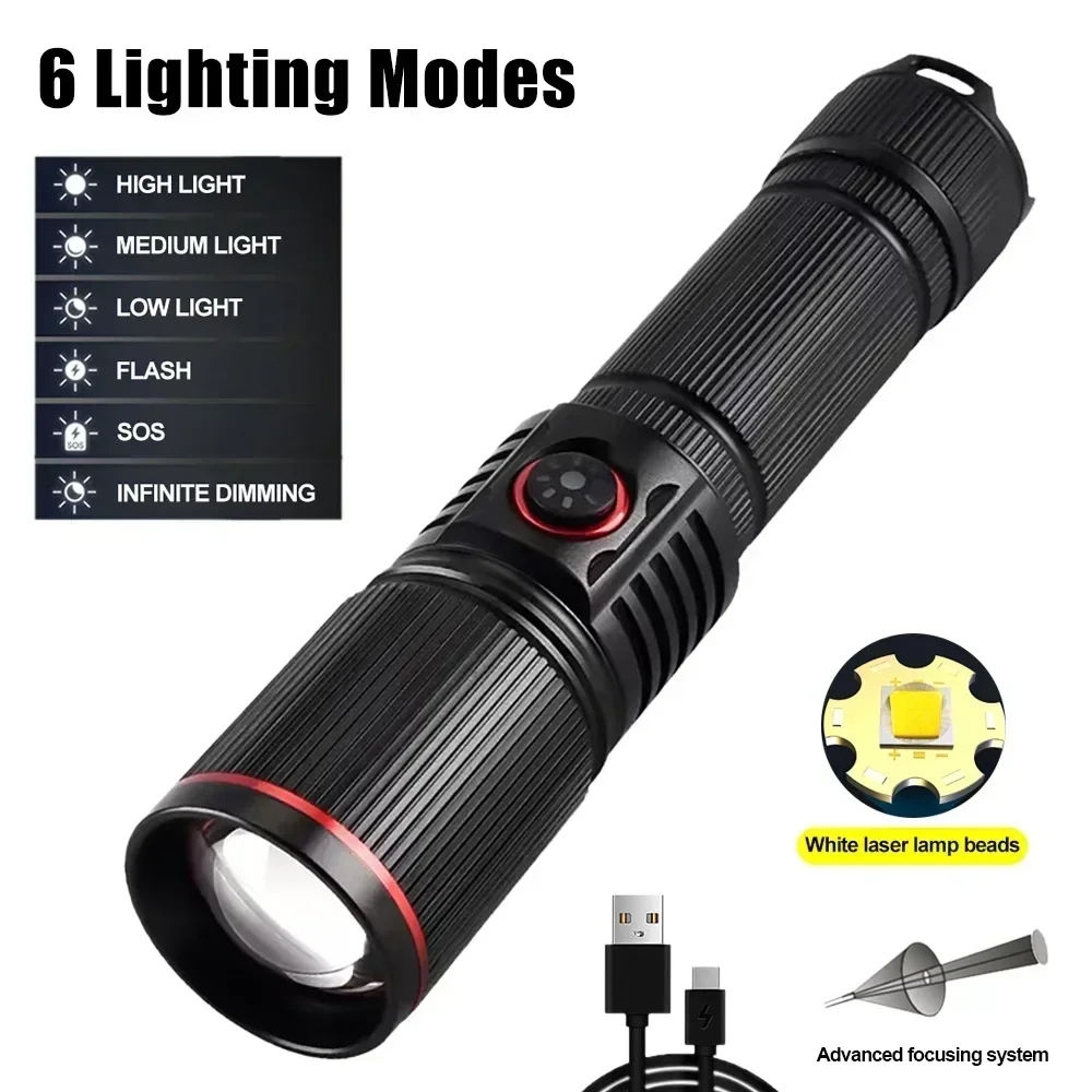 30W High Power LED Flashlight Zoom Torch USB Rechargeable Light Outdoor Camping Hunting Fishing Walking Riding Lighting Lamp