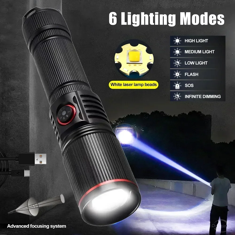 30W High Power LED Flashlight Zoom Torch USB Rechargeable Light Outdoor Camping Hunting Fishing Walking Riding Lighting Lamp