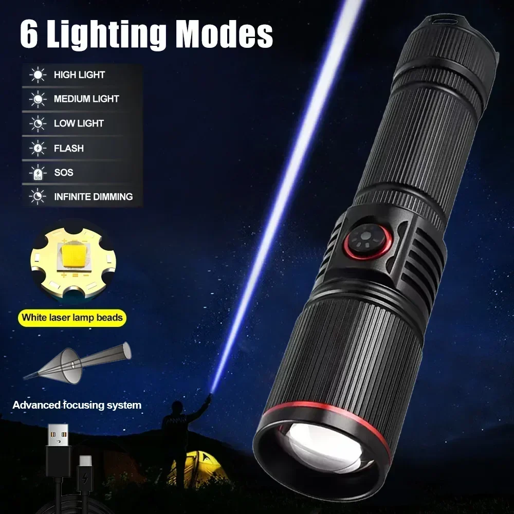 30W High Power LED Flashlight Zoom Torch USB Rechargeable Light Outdoor Camping Hunting Fishing Walking Riding Lighting Lamp