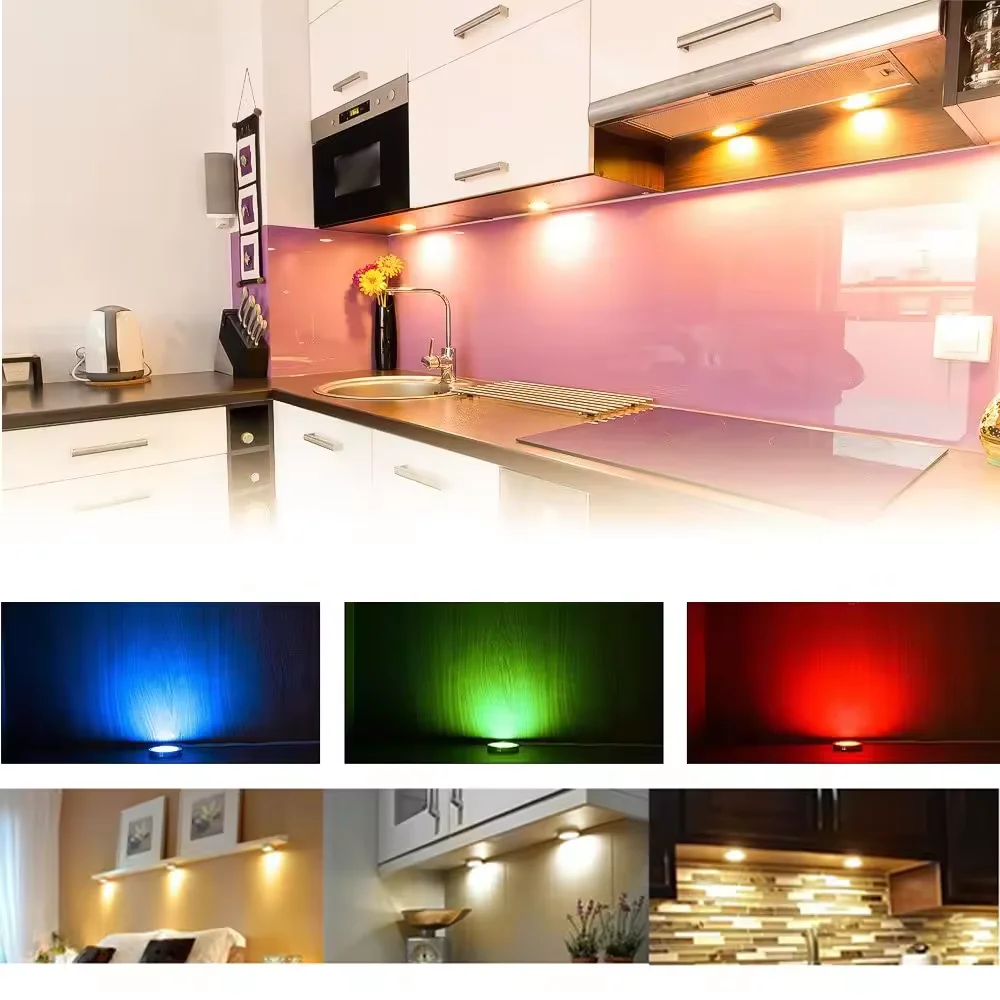 DC12V Tuya Zigbee LED Round Under Cabinet Light Kit RGB Color Change Dimming for Kitchen Shelf,Voice Control Google Alexa Echo
