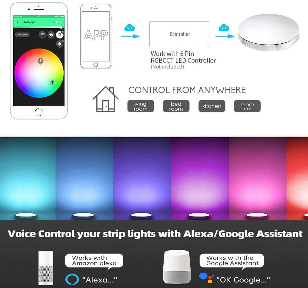 DC12V Tuya Zigbee LED Round Under Cabinet Light Kit RGB Color Change Dimming for Kitchen Shelf,Voice Control Google Alexa Echo