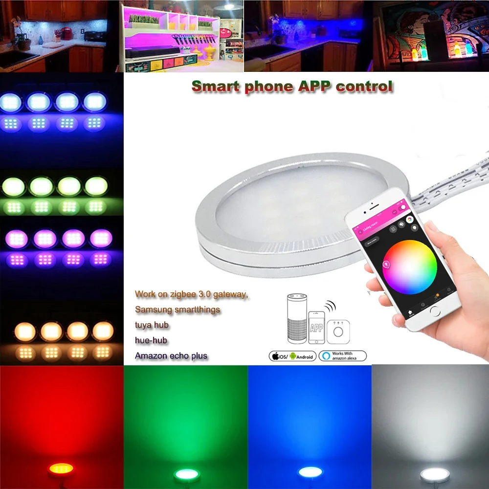DC12V Tuya Zigbee LED Round Under Cabinet Light Kit RGB Color Change Dimming for Kitchen Shelf,Voice Control Google Alexa Echo