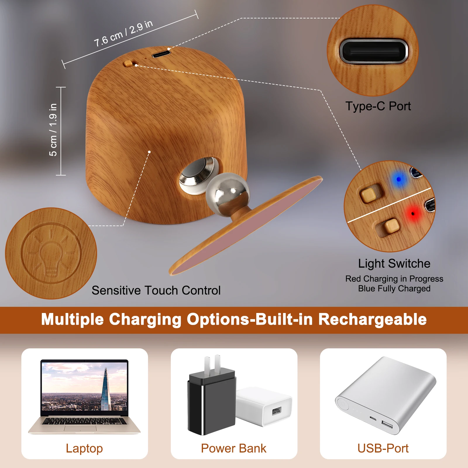 Magnetic Wall Lamp, 360 Degree Rotatable Night Light, Remote Control Desk Lamp, Bedside Lamp, Touch Adjustable Color Change, Tim