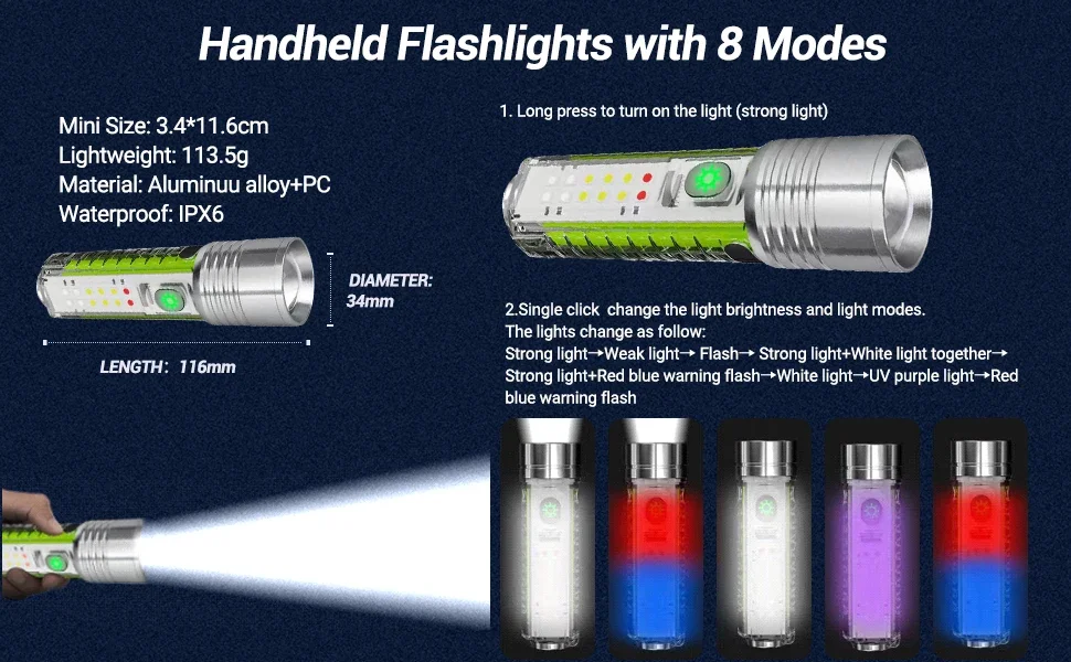 Spotlight Long-range Strong Light XPG Focusing Flashlight Type-C Charging With Strong Magnetic Pen Clip Fluorescent Keychain