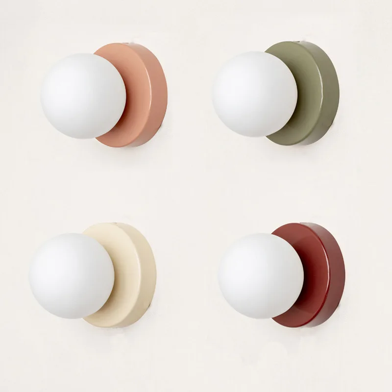 Macaron Soft Style Small Wall Lamp Iron Base With Plastic Material Ball Lampshade Sconce Light Modern Home Decor Soft E27 Lustre