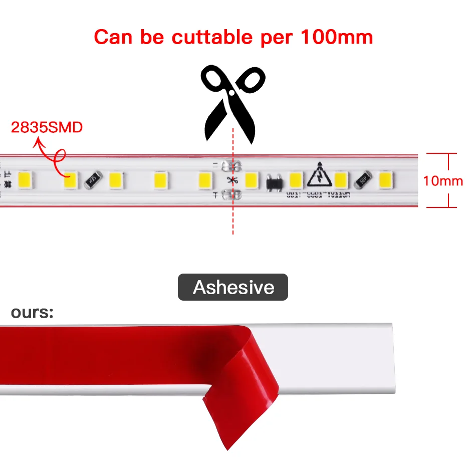 220V Led Strip Light with EU Power Plug 120LEDs/m Adhesive Flexible Tape Lamp IP67 Waterproof LED Tape Cold/Warm White Light