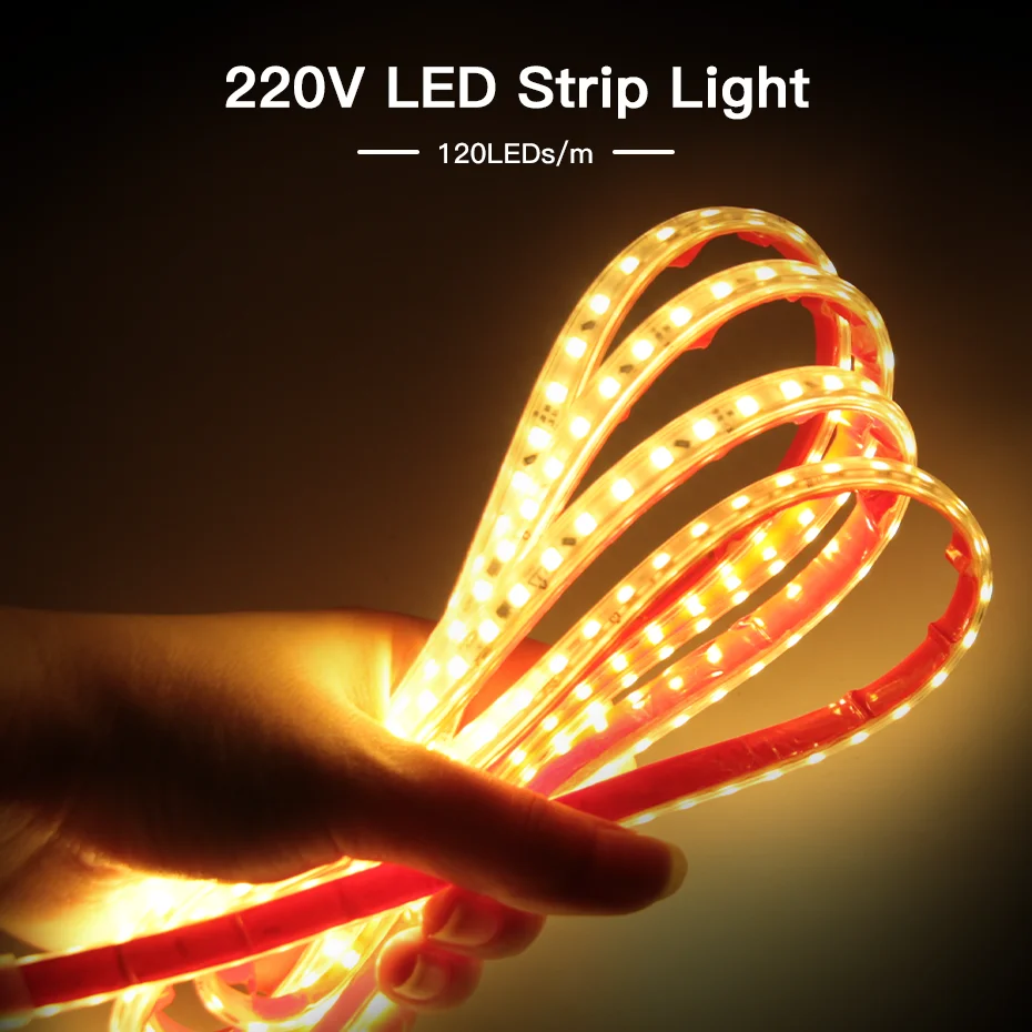 220V Led Strip Light with EU Power Plug 120LEDs/m Adhesive Flexible Tape Lamp IP67 Waterproof LED Tape Cold/Warm White Light