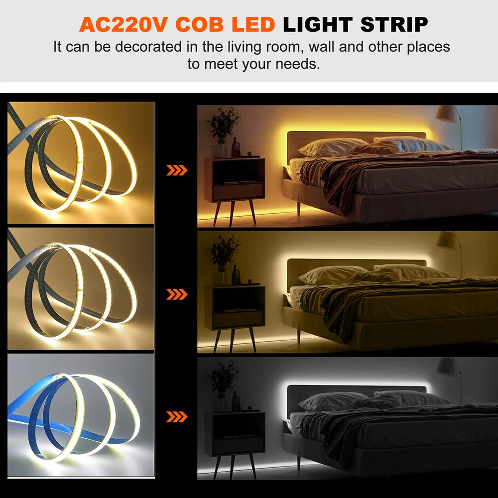 5m 10m 20m 50m COB LED Strip Light 220V Flex Tape Lamp with IC Chip High Bright 240 LEDs Linear Lighting RA90 Warm Natural White